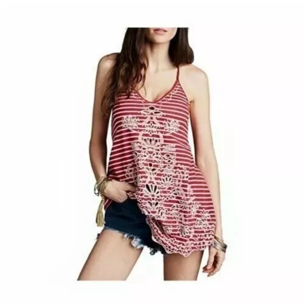 Free People Sefaring Striped Printed cutouts Cami Tunic Embroidered Cotton S